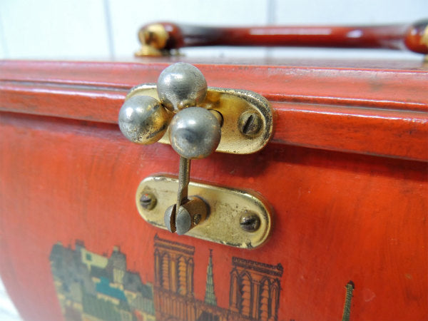 エッフェル塔&ロンドンバス&ノートルダム大聖堂柄・木製・ヴィンテージ・ハンドバッグ/カバン