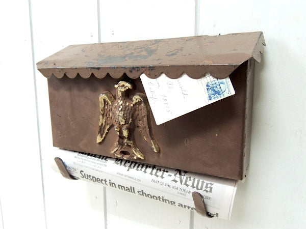 【イーグルモチーフ】新聞受け付き・ブラウン色・横型・ヴィンテージ・メールボックス/郵便受け/ポスト