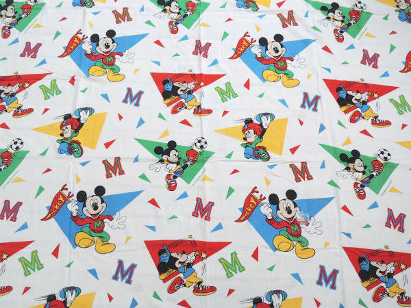 【ミッキーマウス】ペナント&スポーツ柄・コットン100%・ヴィンテージ・USEDボックスシーツ