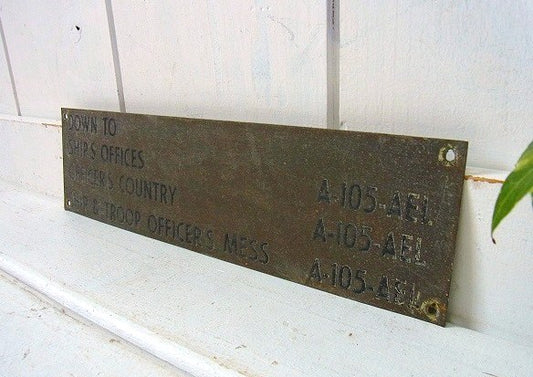アメリカ海軍・真鍮製・40’sアンティーク・ルームサイン/船内プレート/案内標示プレート　USA