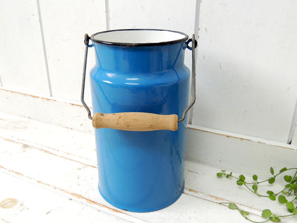 【ポーランド製】青色・木製ハンドル付き・アンティーク・ミルク缶/ミルクポット/POLAND