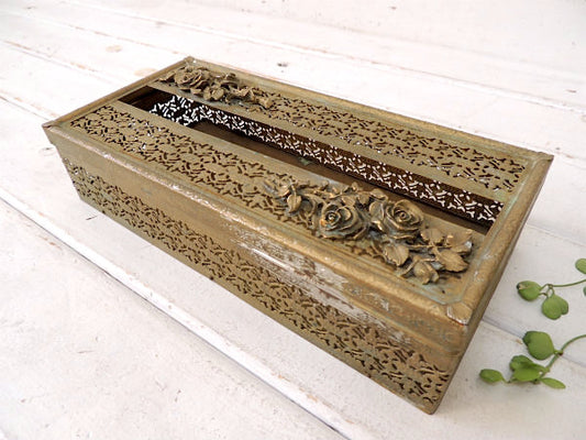 USA!薔薇モチーフ・ゴールド色・ヴィンテージ・ティッシュケース/ティッシュボックス