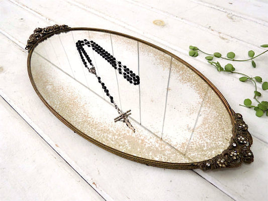 クラシカル ラインストーン付きフラワーモチーフ アンティーク ミラートレイ 鏡 ジュエリートレイ USA