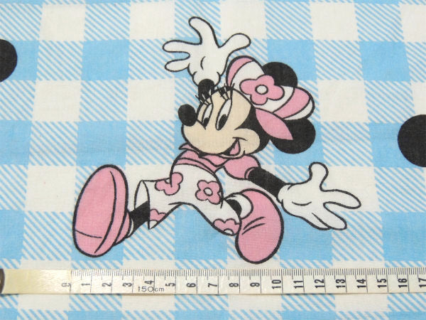 【ミニーマウス】ディズニー・カラフル&キュート・水色チェック柄・ヴィンテージ・USEDハーフシーツ
