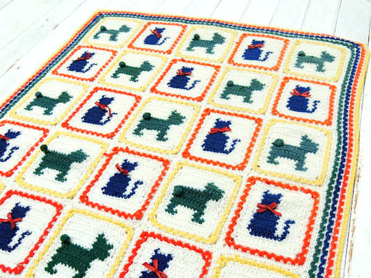 犬&ネコ・モチーフ編み・ハンドメイド・ヴィンテージ・ニットブランケット・グラニーブランケット