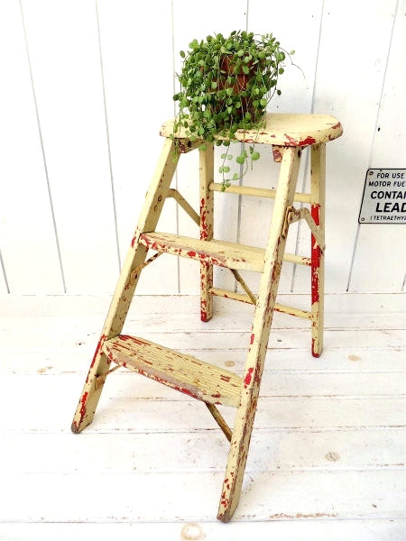 クリームイエロー・シャビー 木製・アンティーク・OLD・ステップラダー・脚立