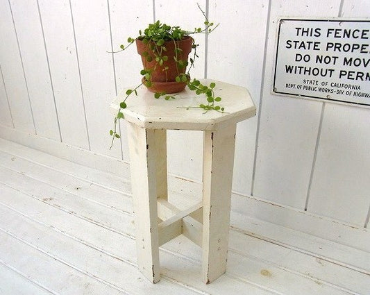 白色のシャビーなアンティーク・木製スツール/チェア USA