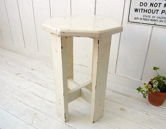 白色のシャビーなアンティーク・木製スツール/チェア USA
