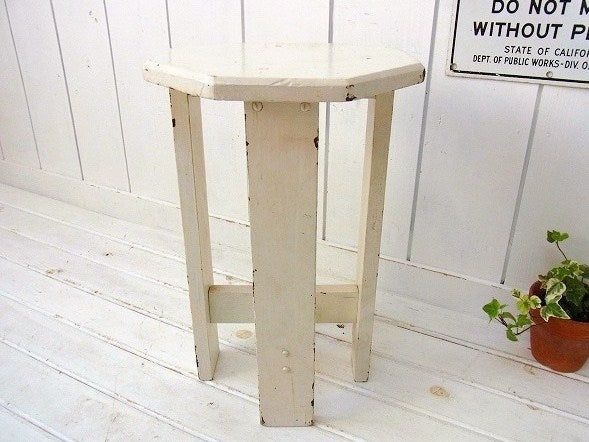 白色のシャビーなアンティーク・木製スツール/チェア USA