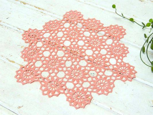 コーラルピンク 花柄モチーフ クロシェレース デッドストック ヴィンテージ ドイリー ハンドメイド USA