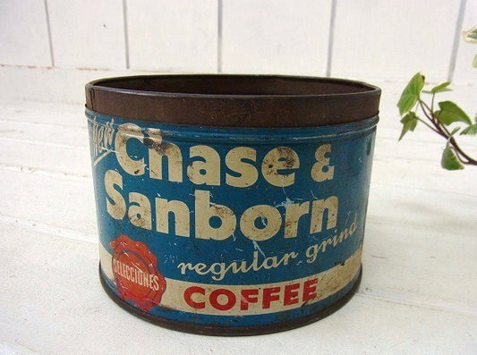 【Chase&Sanborn】青色のシャビーなヴィンテージ・コーヒー缶/ティン缶 USA