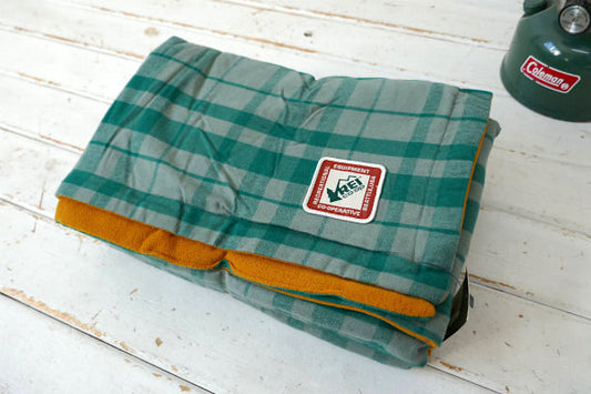REI COOP グリーン チェック柄 フランネル×フリース ブランケット アウトドア キャンプ 車中泊 キャンピングカー