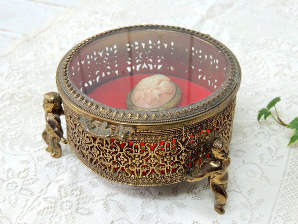 天使モチーフ・ベベルガラス・ゴールド・脚付き　アンティーク・ジュエリーボックス・宝石箱 USA