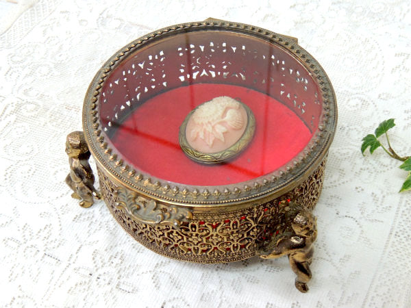 天使モチーフ・ベベルガラス・ゴールド・脚付き　アンティーク・ジュエリーボックス・宝石箱 USA