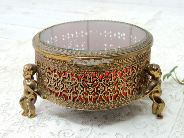 天使モチーフ・ベベルガラス・ゴールド・脚付き　アンティーク・ジュエリーボックス・宝石箱 USA