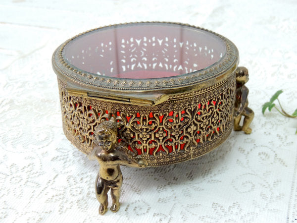 天使モチーフ・ベベルガラス・ゴールド・脚付き　アンティーク・ジュエリーボックス・宝石箱 USA