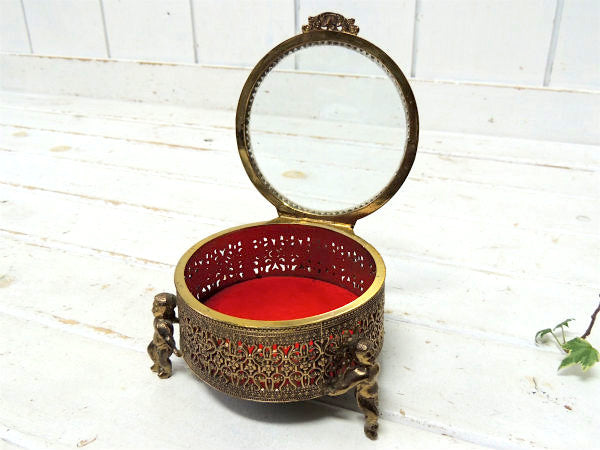 天使モチーフ・ベベルガラス・ゴールド・脚付き　アンティーク・ジュエリーボックス・宝石箱 USA