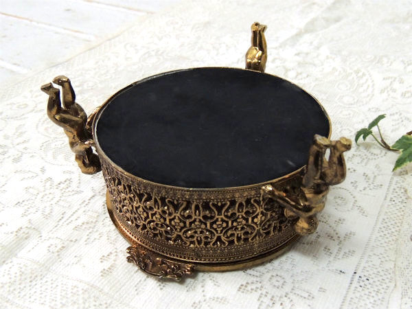 天使モチーフ・ベベルガラス・ゴールド・脚付き　アンティーク・ジュエリーボックス・宝石箱 USA