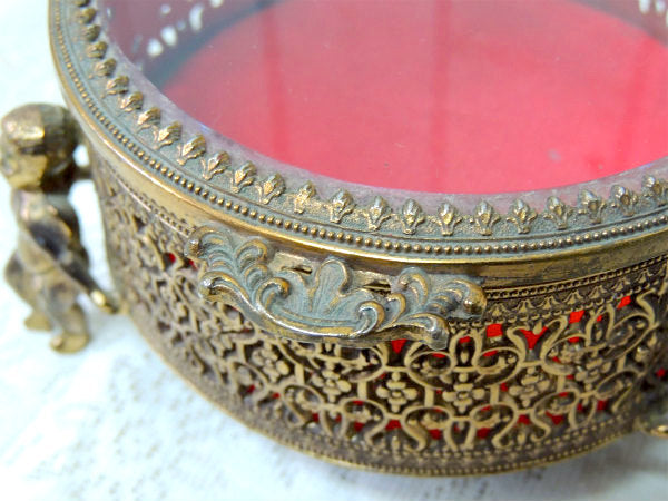 天使モチーフ・ベベルガラス・ゴールド・脚付き　アンティーク・ジュエリーボックス・宝石箱 USA