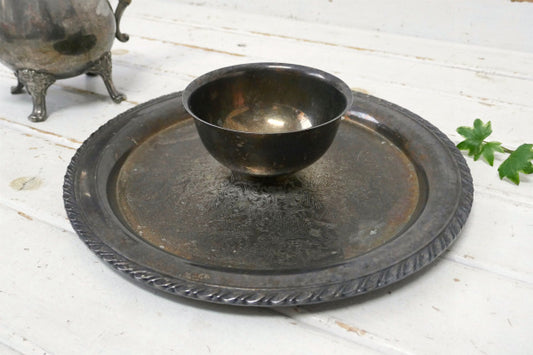 フラワー&リーフ シルバープレート ボウル付き アンティーク プレート サービングディッシュ USA