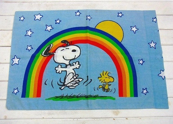 【スヌーピー&ウッドストック】レインボー柄・ヴィンテージ・ユーズド・ピロケース/枕カバー USA