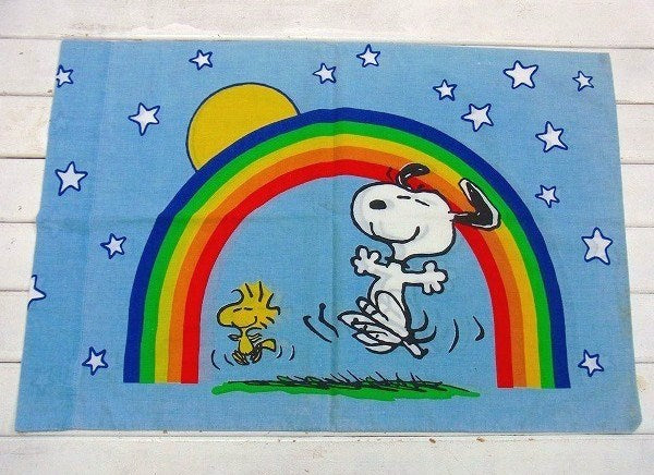 【スヌーピー&ウッドストック】レインボー柄・ヴィンテージ・ユーズド・ピロケース/枕カバー USA