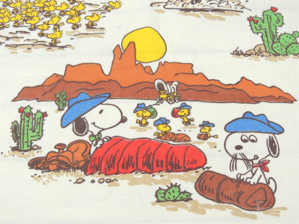 【スヌーピーと仲間たち】ウエスタン&カウボーイ柄・ヴィンテージ・ユーズドシーツ(フラットタイプ)