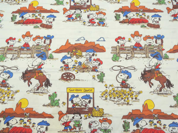 【スヌーピーと仲間たち】ウエスタン&カウボーイ柄・ヴィンテージ・ユーズドシーツ(フラットタイプ)