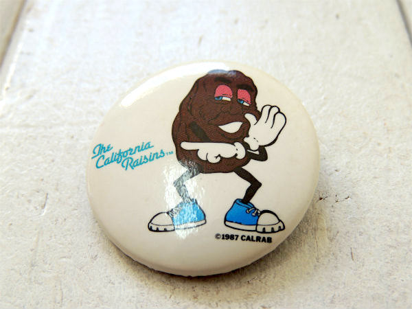 1987's・カリフォルニアレーズン ポーズ柄・ズンちゃん・ビンテージ・缶バッジ・USAアメキャラ