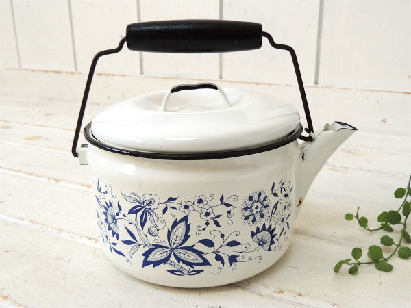 USA レトロな花柄・ホーロー・ヴィンテージ・ケトル ポット キッチン雑貨 キャンプギア