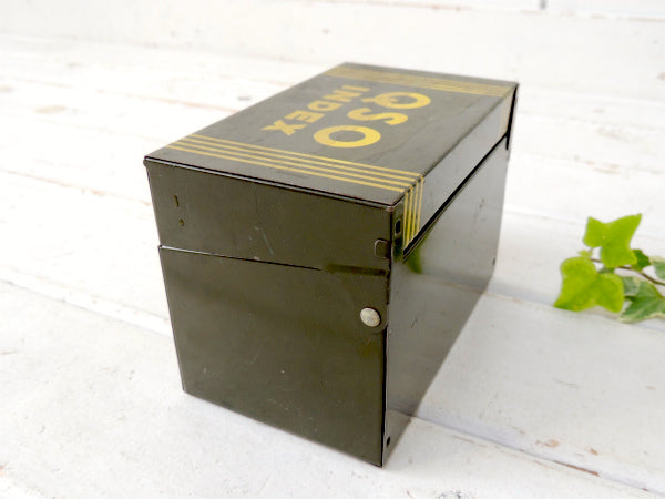 【QSO INDEX】オリーブグリーン色・ティン製・ヴィンテージ・カードボックス/ファイルボックス