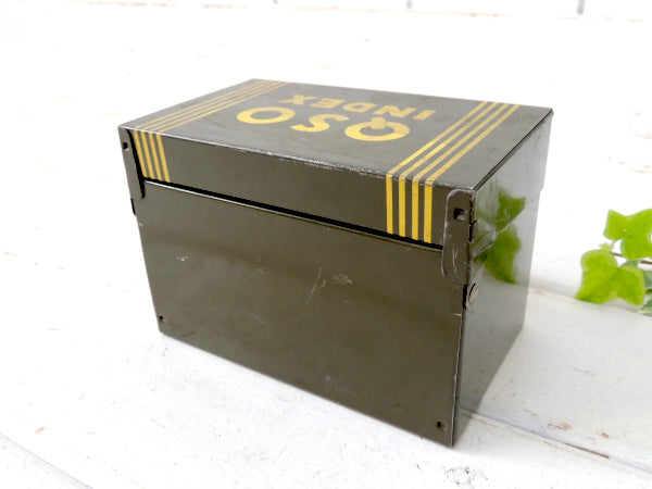 【QSO INDEX】オリーブグリーン色・ティン製・ヴィンテージ・カードボックス/ファイルボックス