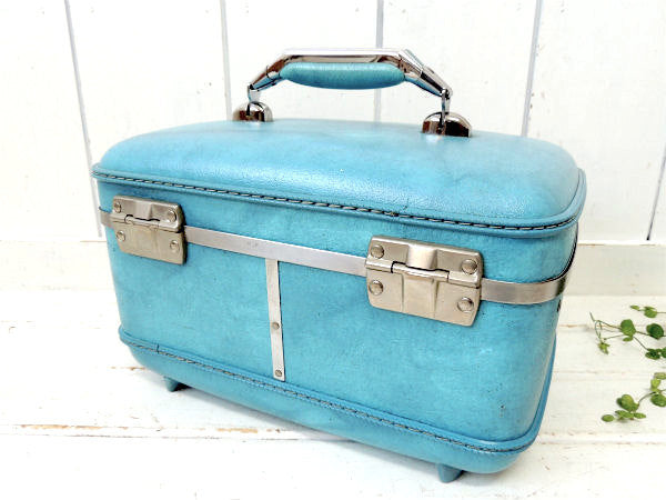 【アメリカンツーリスター】ダイアルロック付き・水色・ヴィンテージ・2段メイクボックス/コスメボックス