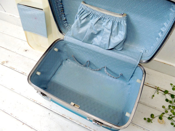 【アメリカンツーリスター】ダイアルロック付き・水色・ヴィンテージ・2段メイクボックス/コスメボックス