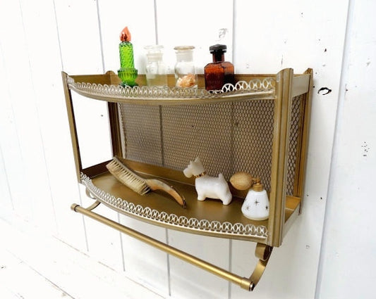 ゴールド色・タオルハンガー付き・2段式・ヴィンテージ・シェルフ/飾り棚/ウォールシェルフ