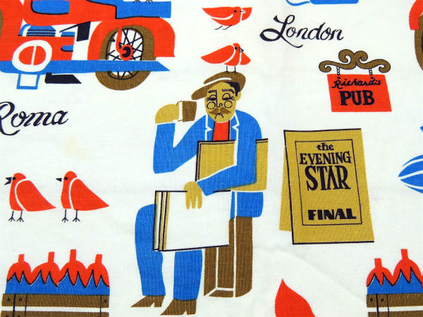 地中海沿岸のイラスト柄・デッドストック・ヴィンテージ・ファブリック/生地/テキスタイル/90×113