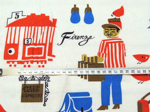 地中海沿岸のイラスト柄・デッドストック・ヴィンテージ・ファブリック/生地/テキスタイル/90×113