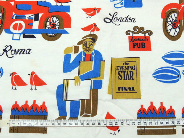 地中海沿岸のイラスト柄・デッドストック・ヴィンテージ・ファブリック/生地/テキスタイル/90×113