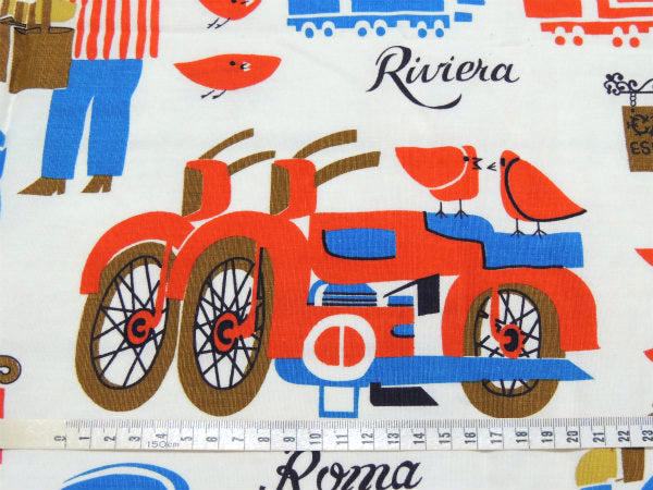 地中海沿岸のイラスト柄・デッドストック・ヴィンテージ・ファブリック/生地/テキスタイル/90×113