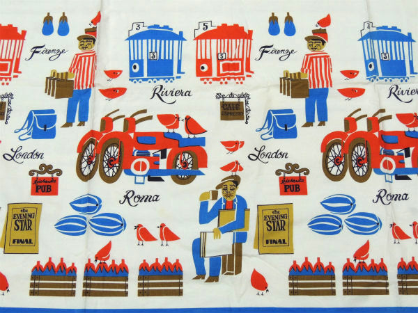 地中海沿岸のイラスト柄・デッドストック・ヴィンテージ・ファブリック/生地/テキスタイル/90×113