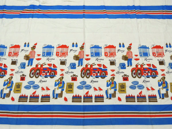 地中海沿岸のイラスト柄・デッドストック・ヴィンテージ・ファブリック/生地/テキスタイル/90×113