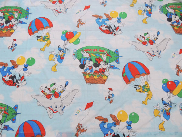 【ミッキー&フレンズ】飛行船柄・ダブルサイズ・ヴィンテージ・ユーズドシーツ(フラットタイプ)