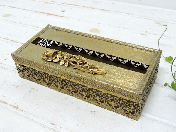 薔薇モチーフ・ゴールド色・透かしデザイン・ヴィンテージ・ティッシュケース・ティッシュボックス