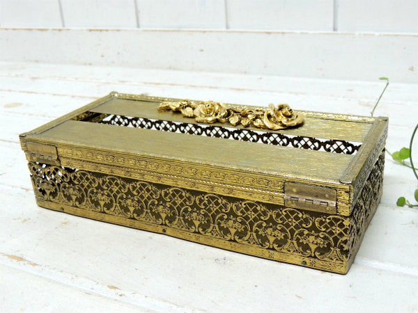 薔薇モチーフ・ゴールド色・透かしデザイン・ヴィンテージ・ティッシュケース・ティッシュボックス