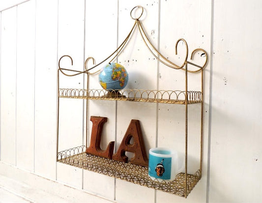 USA ゴールド ワイヤー・ヴィンテージ・2段シェルフ 飾り棚 ウォールシェルフ