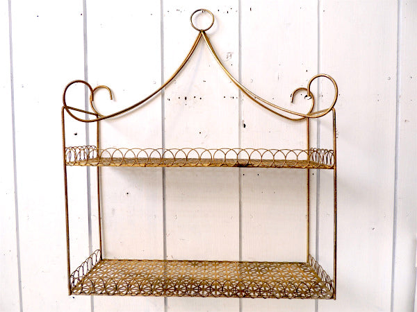 USA ゴールド ワイヤー・ヴィンテージ・2段シェルフ 飾り棚 ウォールシェルフ