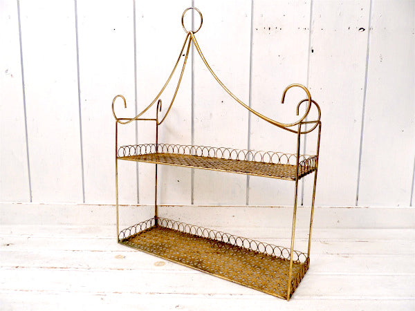 USA ゴールド ワイヤー・ヴィンテージ・2段シェルフ 飾り棚 ウォールシェルフ