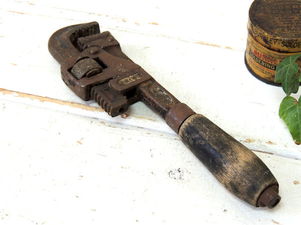 TRIMO PAT 1916 アンティーク ウッドハンドル 工具 パイプレンチ レンチ 大工道具　DIY