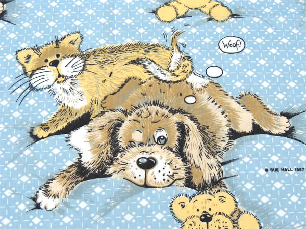 【SUE HALL 1987】犬&ネコのイラスト柄・ヴィンテージ・ユーズドシーツ(1/2) USA