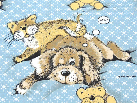 【SUE HALL 1987】犬&ネコのイラスト柄・ヴィンテージ・ユーズドシーツ(1/2) USA